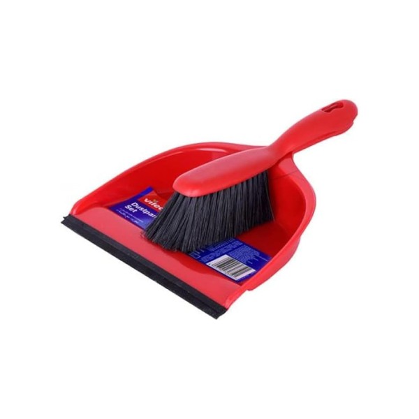 Vileda Dustpan And Brush Standard Set, Grooved Edge, Rubber Lip - Red ( 33 x 23 x 8)