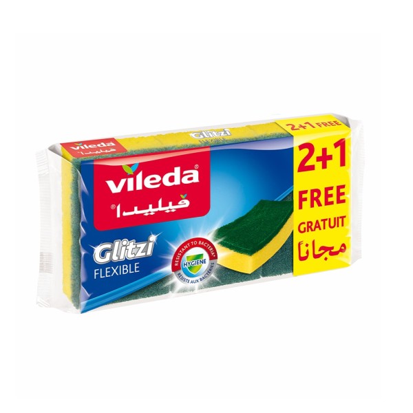 Vileda Glitzi Flexible Scourer Sponge Antibacterial Multi-purpose Yellow & Green 2+1 Pcs