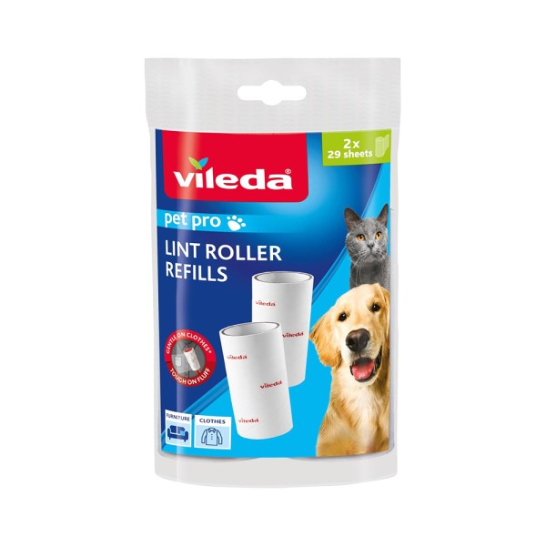 Vileda Pro Pet Lint Roller Refill, Efficient, Gentle on Fabrics, Comfortable For Hair/Dust/Dirt Particles/Fluff/Other Dirt Particles 2x 29 Sheet