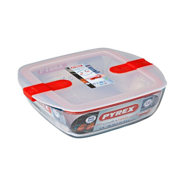 Pyrex Cook & Heat Rectangular Glass Food Container With Patented Microwave Safe Lid 2.2L (25x22x7cm) 487395-V001 by Pyrex