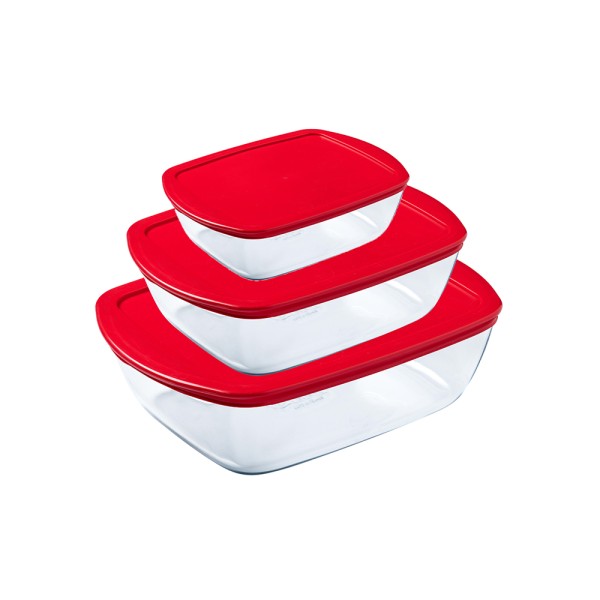 PYREX RECT GLASS STORAGE SET+LID RED 0.35L+1.1L+2.5L