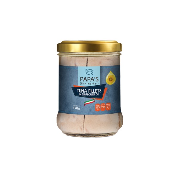 PAPA'S FISH MARKET TUNA YELLOWFIN FILLET JAR IN SUNFLOWER OIL