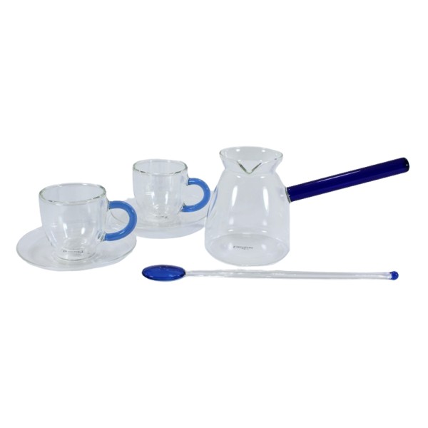 LUCIANO DOULBLE WALL GLASS COFFEE SET W BLUE HANDLE