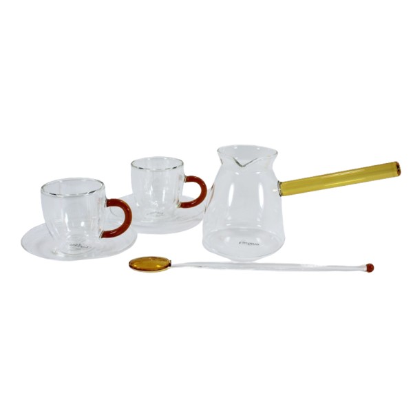 LUCIANO DOULBLE WALL GLASS COFFEE SET W YELLOW HANDLE