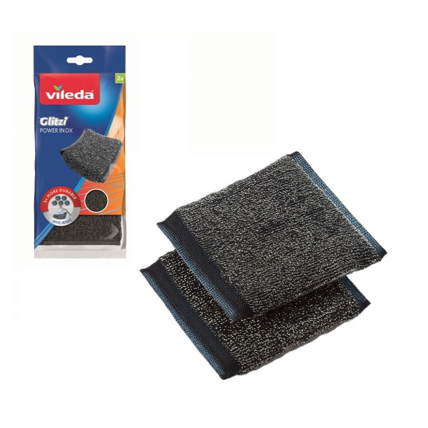 Vileda Glitzi Power Inox Metallic scouring pad, strong cleaning performance, ideal stainless steel pots, pack of 2