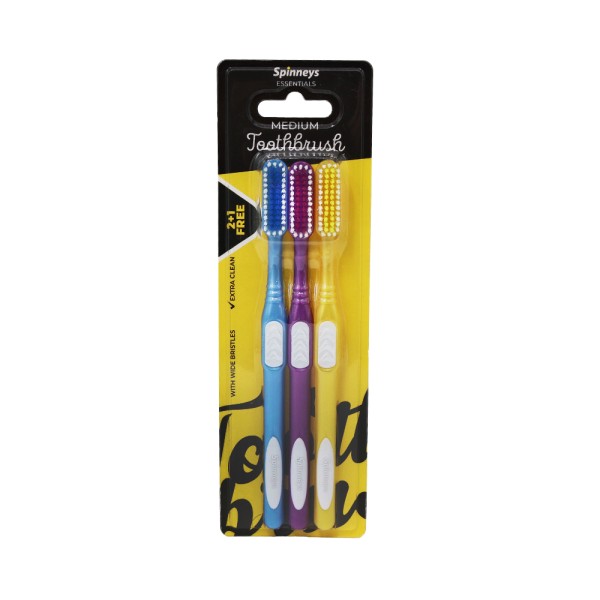 SPINNEYS ESSENTIALS 2XTOOTHBRUSH MEDIUM ASSORTED+1FREE