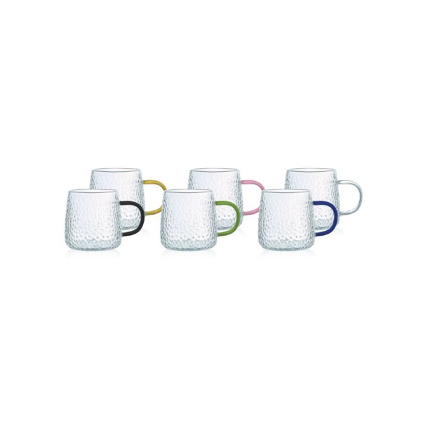 LUCIANO GLASS MUG RIM EMBOSSED W CLRD HANDLE