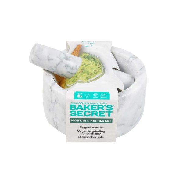 BAKER'S SECRET WHITE GREY MARBLE MORTAR AND PESTLE