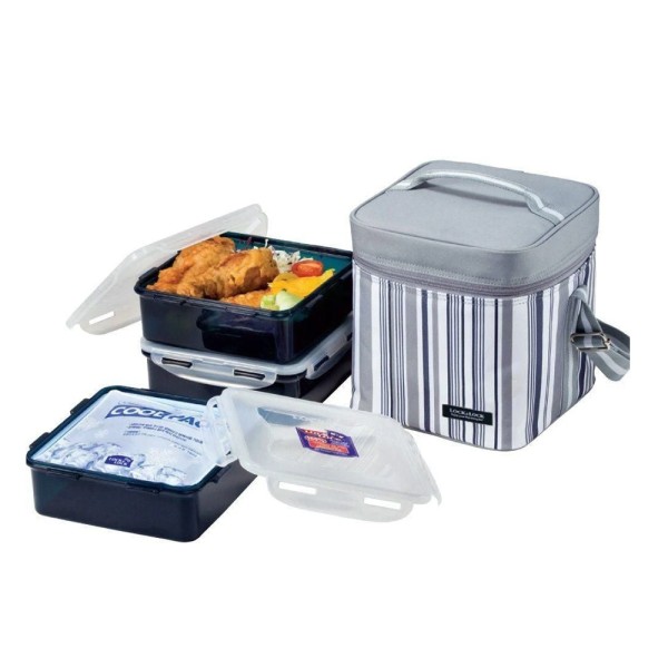 LOCK+LOCK LUNCH BOX SET W.GREY STRIPE COOL BAG
