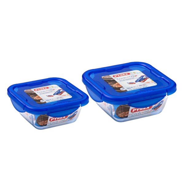 PYREX COOK&GO SQUARE GLASS FOOD STORAGE SET 0.9+1.7L