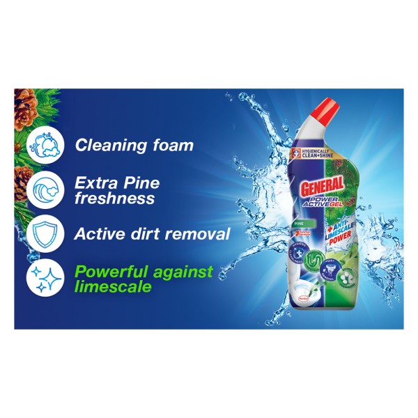 General Lavatory Power active Gel, Toilet Cleaner Liquid, Pine Scent, Air Freshener Effect, 750 ml 