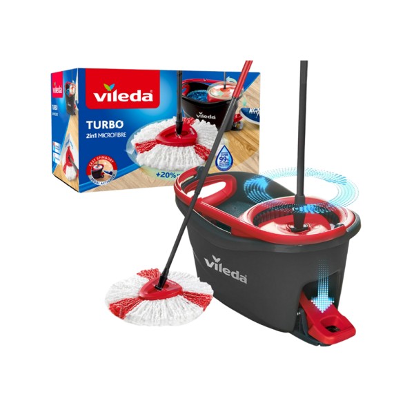Vileda Turbo Rotating Mop Bucket Set with Foot Pedal Telescopic Handle 85-123 cm Floor mop with spinning wringer Turbo 2in1 Microfibre Mop Head