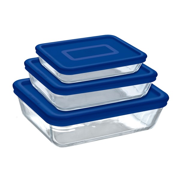 PYREX ROASTR GLASS STRG SET BLUE LID CK FRZ 0.8+1.5+2.6L