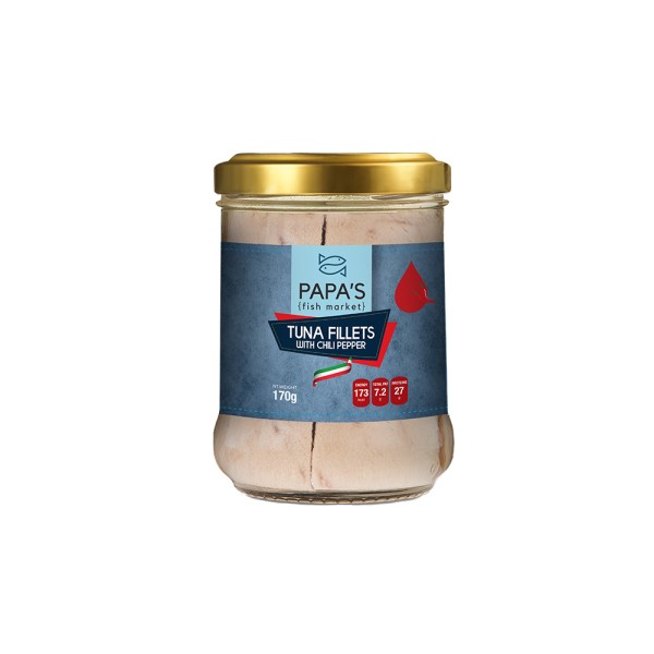 PAPA'S FISH MARKET TUNA YELLOWFIN FILLET JAR WITH HOT CHILI PEPPER