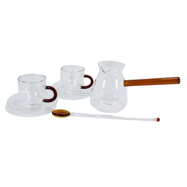 LUCIANO DOULBLE WALL GLASS COFFEE SET W AMBER HANDLE