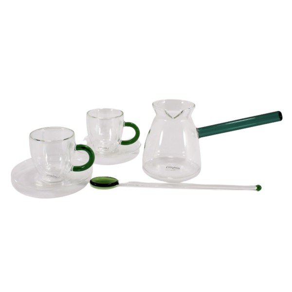 LUCIANO DOULBLE WALL GLASS COFFEE SET W GREEN HANDLE
