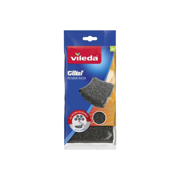 Vileda Glitzi Power Inox Metallic scouring pad, strong cleaning performance, ideal stainless steel pots, pack of 2