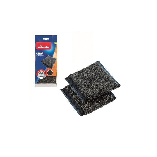 Vileda Glitzi Power Inox Metallic scouring pad, strong cleaning performance, ideal stainless steel pots, pack of 2
