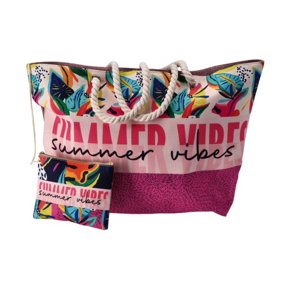 AD TREND FABRIC BEACH BAG WITH CLUTCH BAG AND ROPE HANDLES