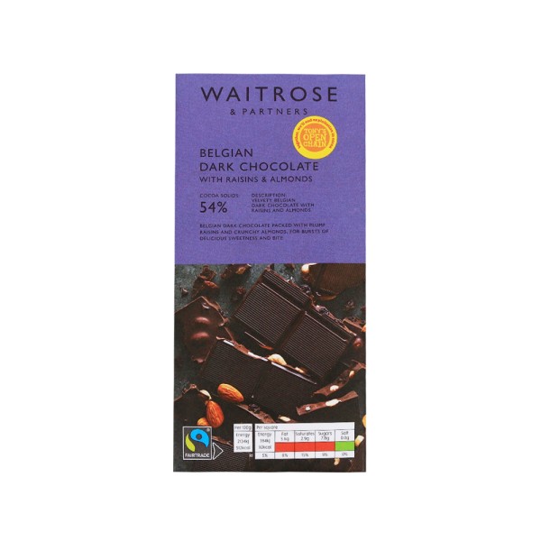 WAITROSE  BELGIAN DARK CHOC WITH RAISN ALM