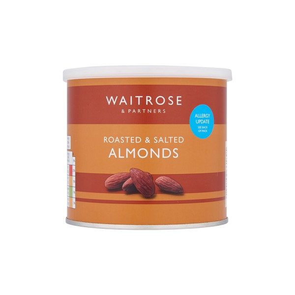 WAITROSE ROASTED + SALTED ALMONDS CAN