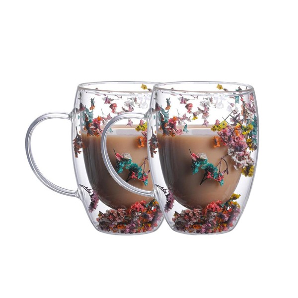 LUCIANO DOUBLE GLASS MUG SET FLOWER DES 350ML