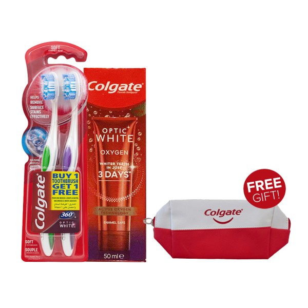 Colgate Optic White Toothpaste And Brush Bundle + Free Pouch