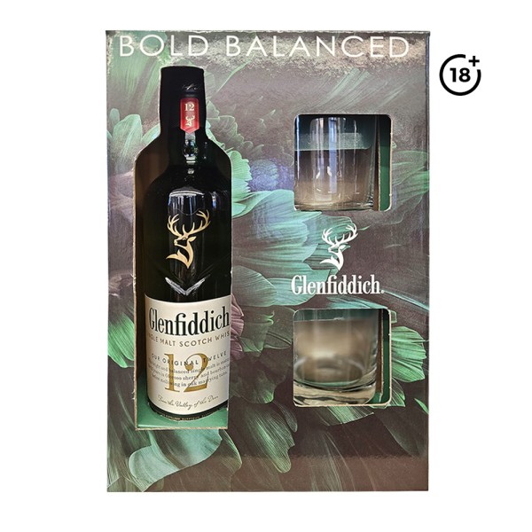 GLENFIDDICH SINGLE MLT SCTCH WHISKY 12Y + 2 SHORT GLASSES