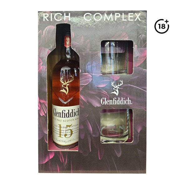 GLENFIDDICH SINGLE MLT SCTCH WHISKY 15Y + 2 SHORT GLASSES