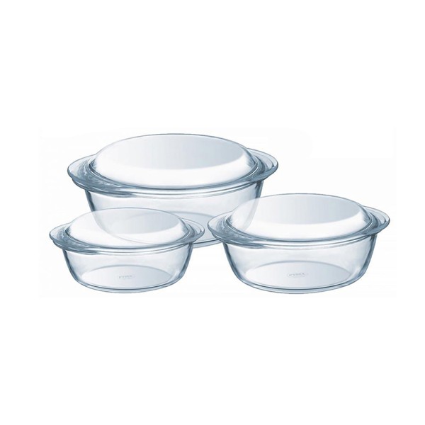 PYREX GLASS ROUND CASSEROLE SET 1.4L+2.1L+3L