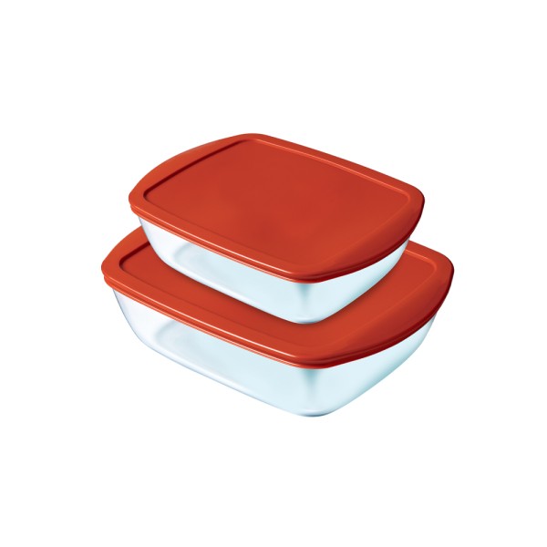 PYREX GLASS RECT COOK AND STORE SET WITH RED LID