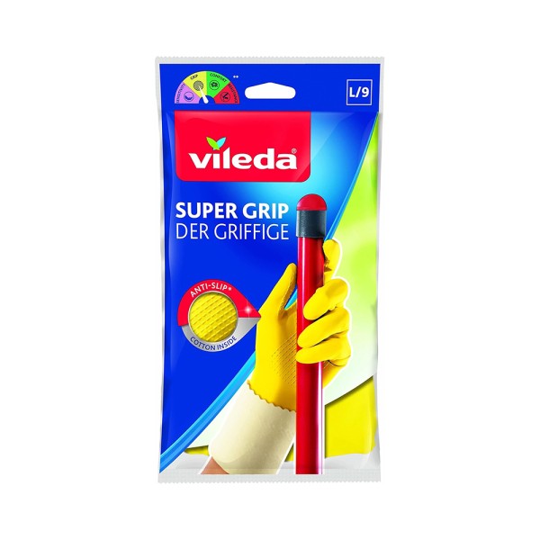 Vileda Super Grip Reusable Gloves L, Flexible, Waterproof Rubber Latex, Tear-Proof, Excellent Grip, L Size, Yellow 1 Pair Per Pack