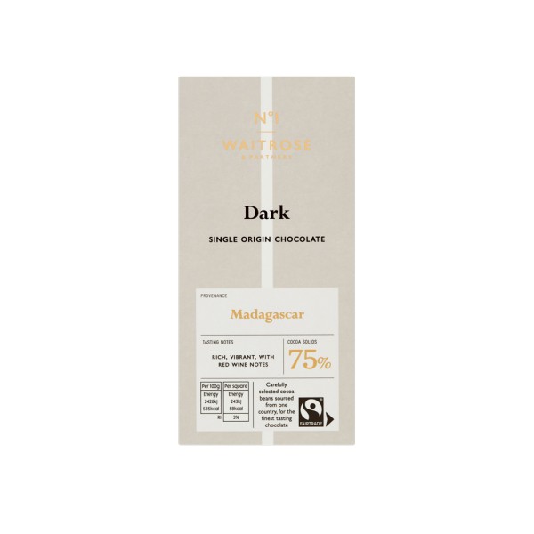 WAITROSE NO.1 FAIRTRADE 75 PCT MADAGASCAR DARK CHOCOLATE