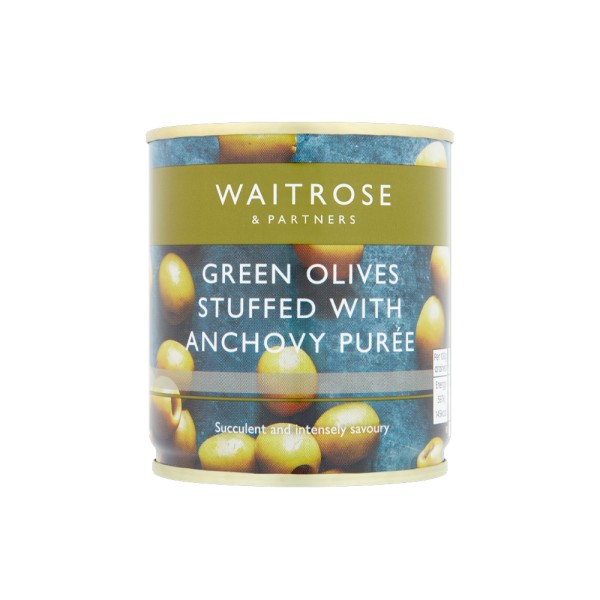 WAITROSE GREEN OLIVES STUFFED WITH ANCHOVY PUREE