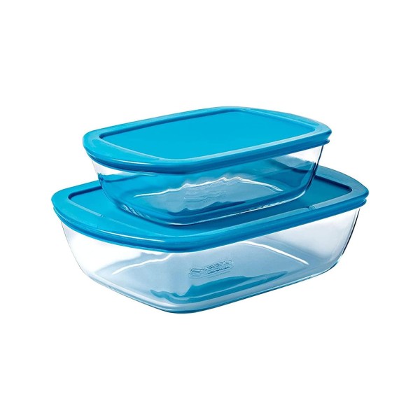 PYREX GLASS RECT COOK AND STORE SET W.BLUE LID 1.2+2.5L