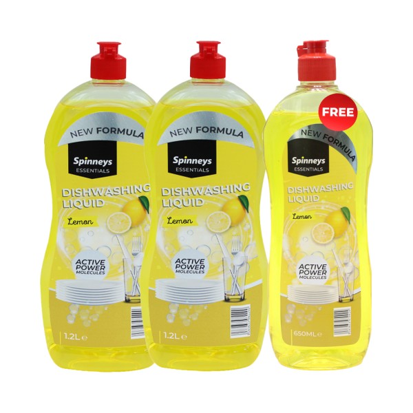SPINNEYS ESSENTIALS 2X1.2L DISHWASHING LEMON + 650ML FREE
