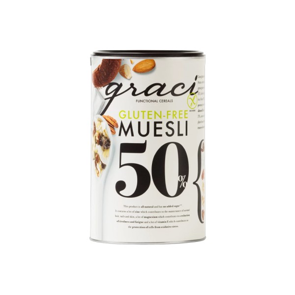 GRACI MUESLI GLUTN FREE 50 PCT DRIED FRUIT SEED AND NUTS